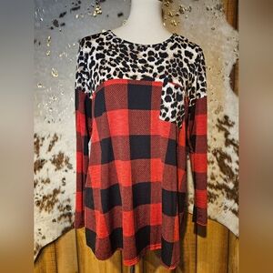 Red and Black Plaid Women's Top with Leopard Print